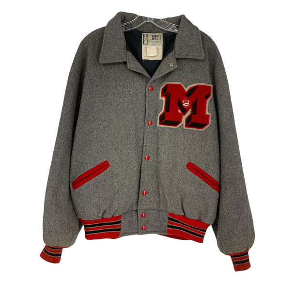 Vintage Trophy Jackets Sz XL Gray & Red Letterman's Varisty Jacket "M" USA Made - Picture 1 of 9